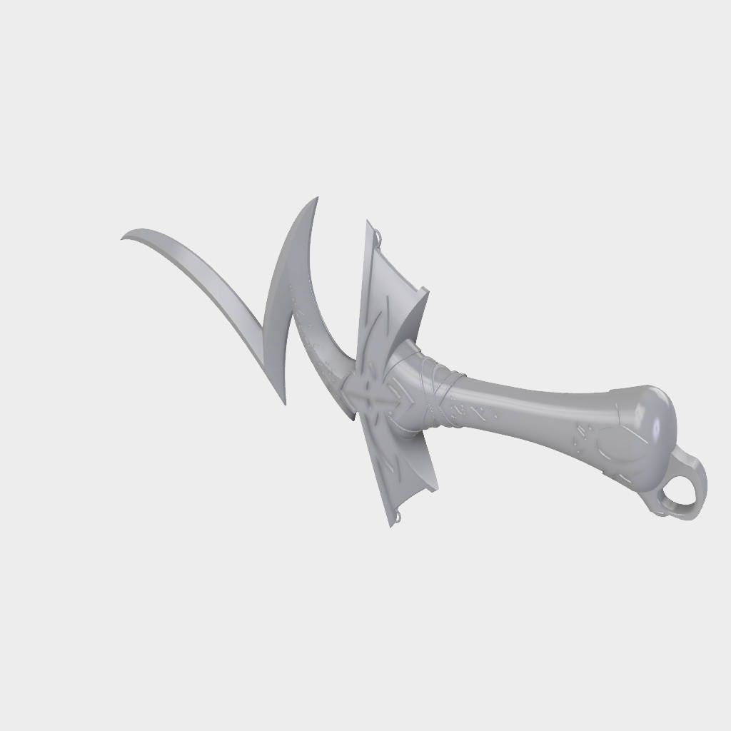 A light gray 3D-rendered toy dagger or short sword with a curved blade, decorative crossguard, and looped handle, shown on a plain light gray background.