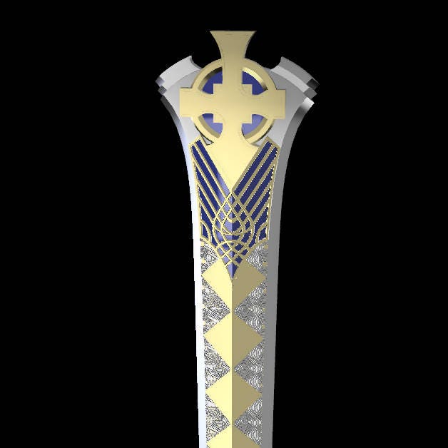 A decorative sword hilt or dagger handle shown upright against a solid black background. The design features a silver-gray metallic body with gold-colored accents, including a cross motif at the top, geometric diamond patterns, and blue inlay details.