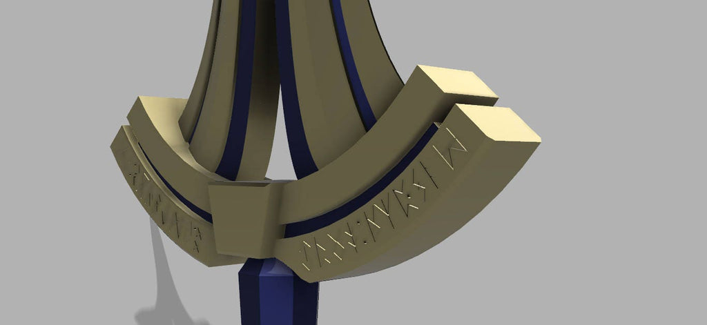 A 3D digital render of a decorative sword hilt or crest, featuring a gold-colored curved banner with embossed text and dark blue accents, set against a solid gray background.
