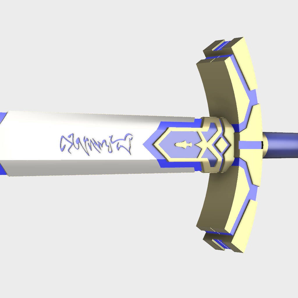 A 3D render of a fantasy sword, showing the white blade with blue runes, a gold and blue guard, and a blue hilt against a light gray background.
