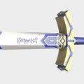 A 3D render of a fantasy sword, showing the white blade with blue runes, a gold and blue guard, and a blue hilt against a light gray background.