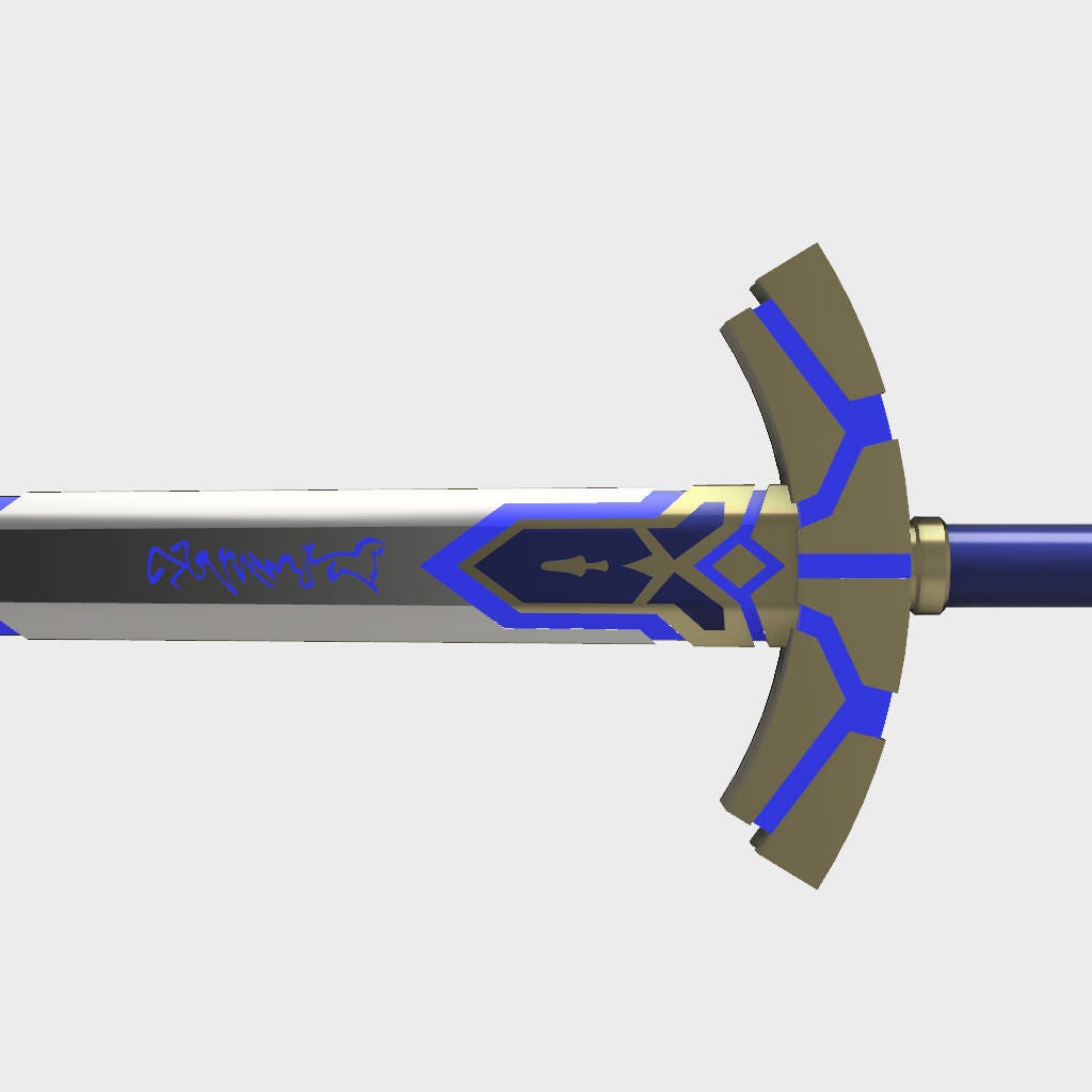 A fantasy sword with a metallic silver blade, gold hilt details, and blue accents, shown in a side profile view against a light gray background.