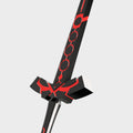 A black and red decorative sword shown against a light gray background, cropped to show the upper blade, guard, and part of the hilt.