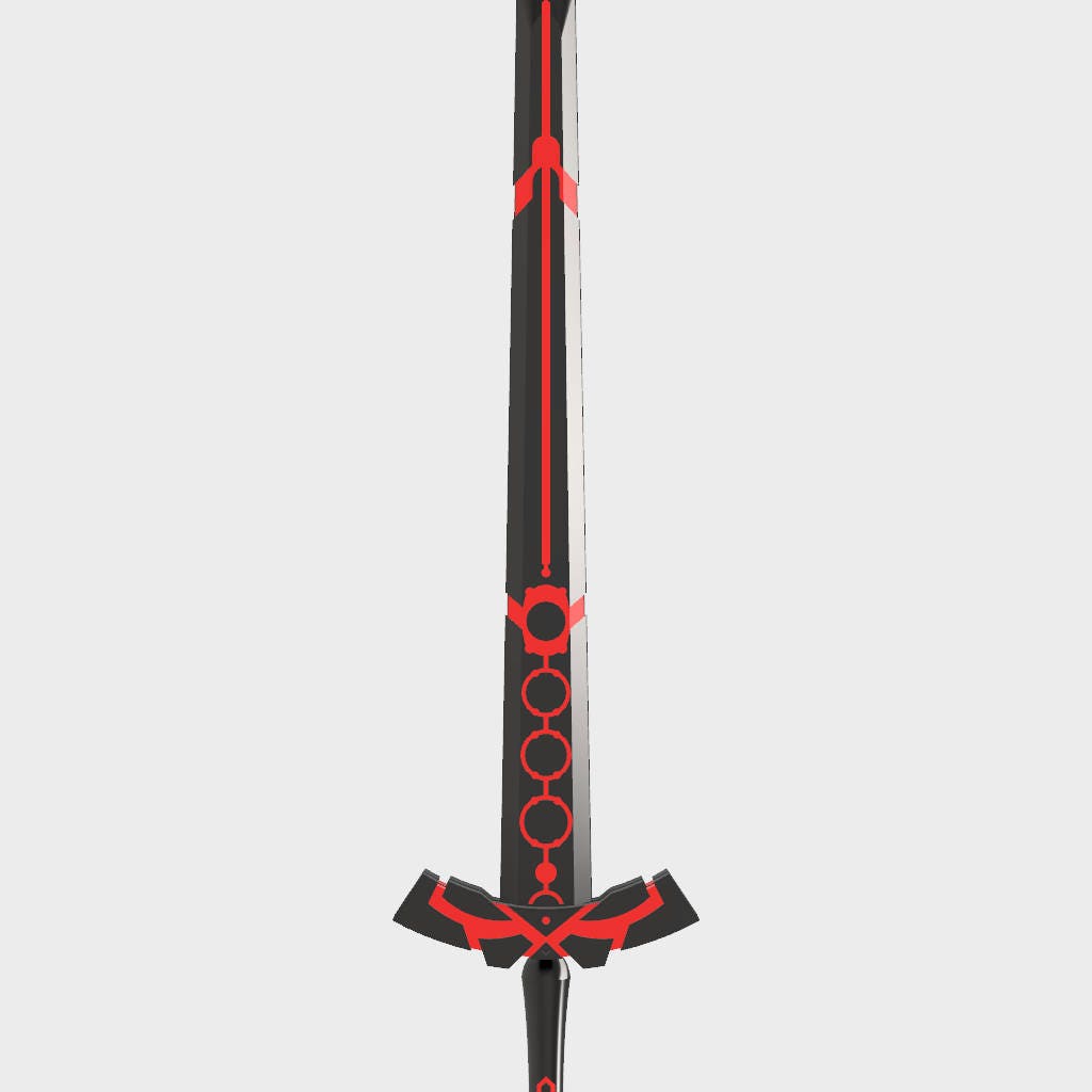 A black and red decorative sword shown vertically against a light gray background.