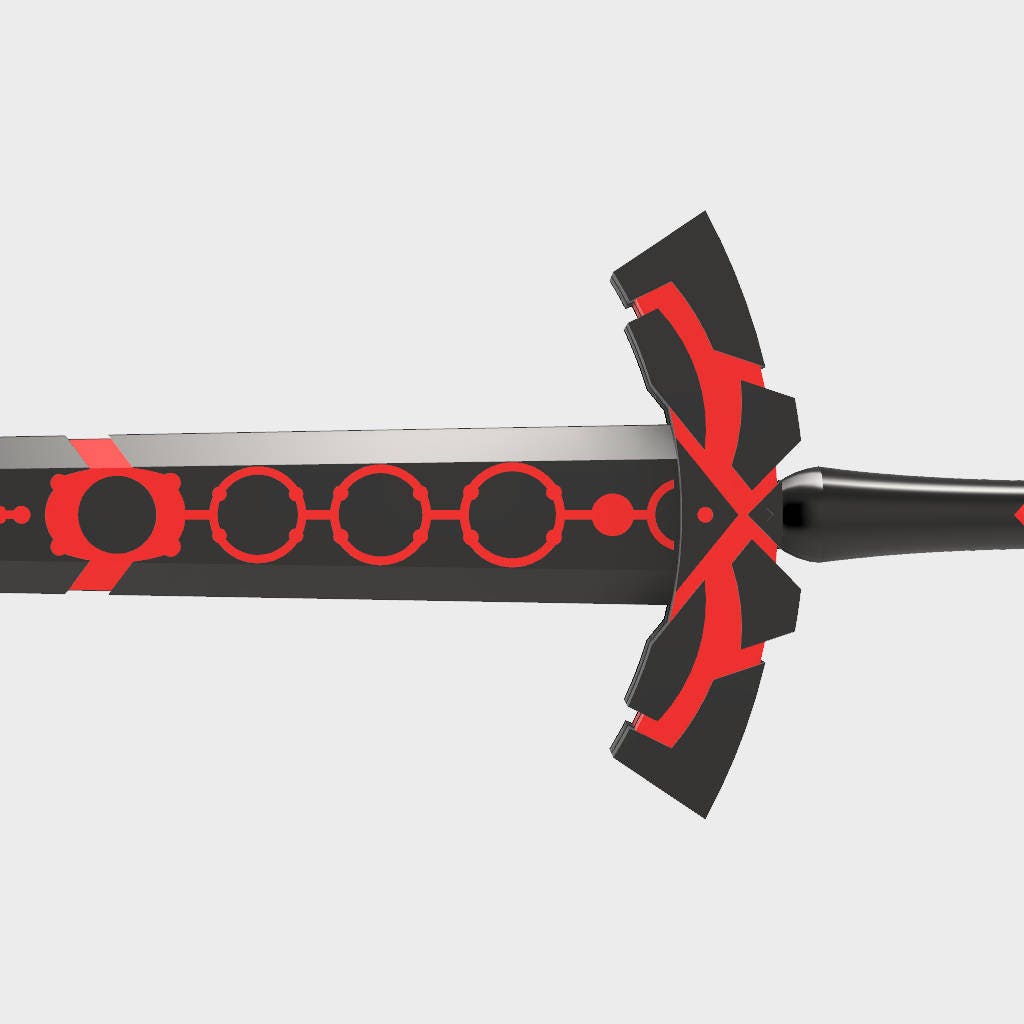 A close-up of a black and red decorative sword hilt and blade, shown against a light gray background.