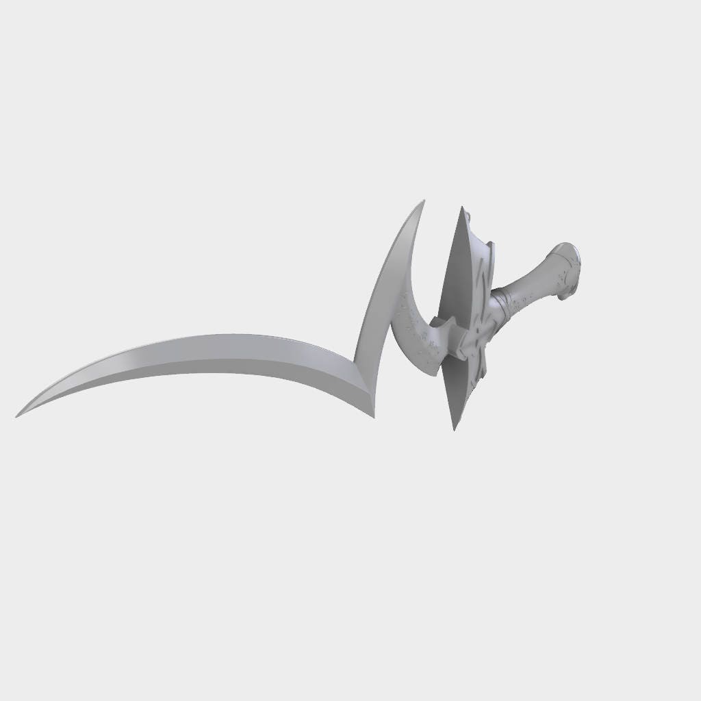 A 3D digital render of a fantasy curved sword, resembling a scimitar or cutlass, shown against a solid light gray background.