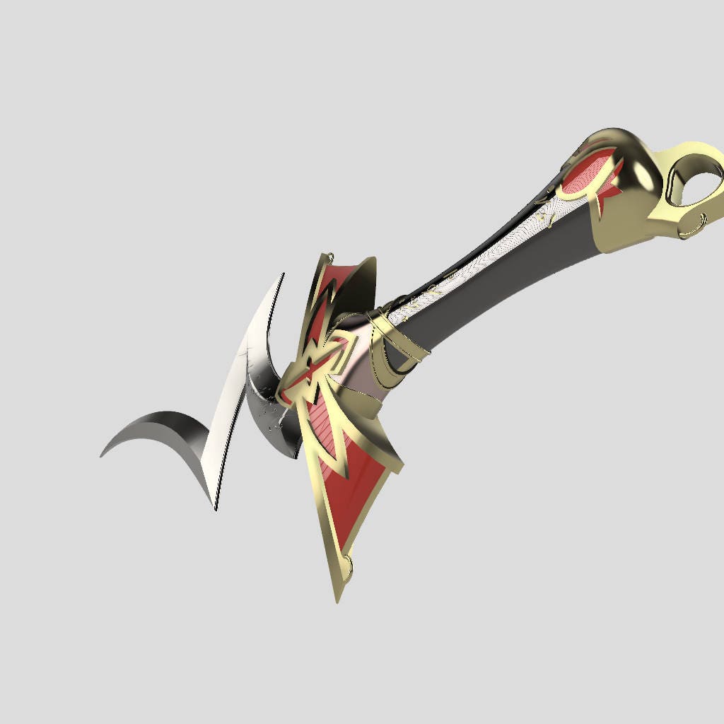 A fantasy-style axe or scythe weapon with a black handle, gold and red decorative guard, and a curved silver blade, shown on a plain light gray background.