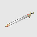 A fantasy sword with a silver blade, gold hilt, and red and gold pommel, shown diagonally on a light gray background.