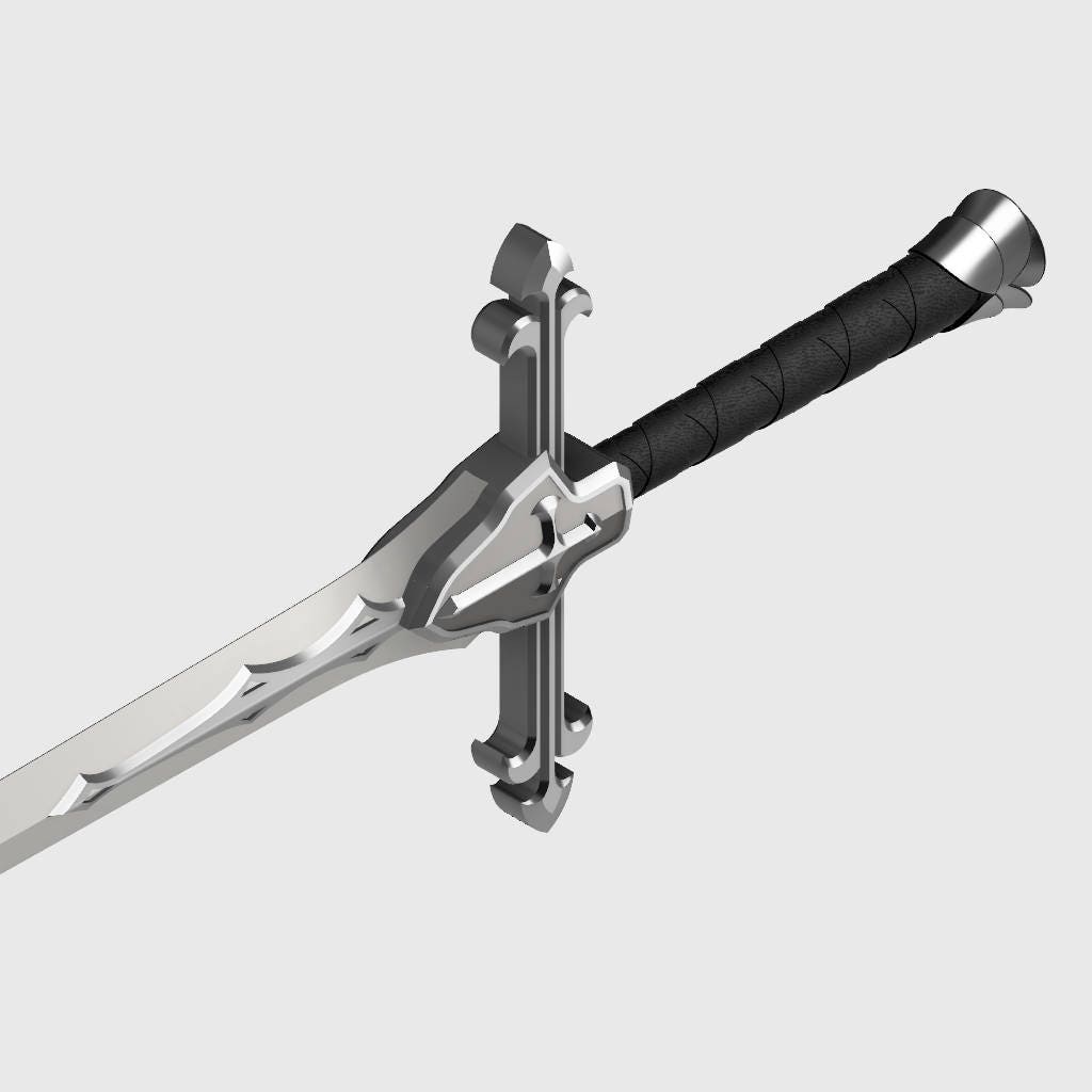 A fantasy sword with a polished silver-colored blade, a detailed silver crossguard, and a black wrapped grip, shown against a solid light gray background.
