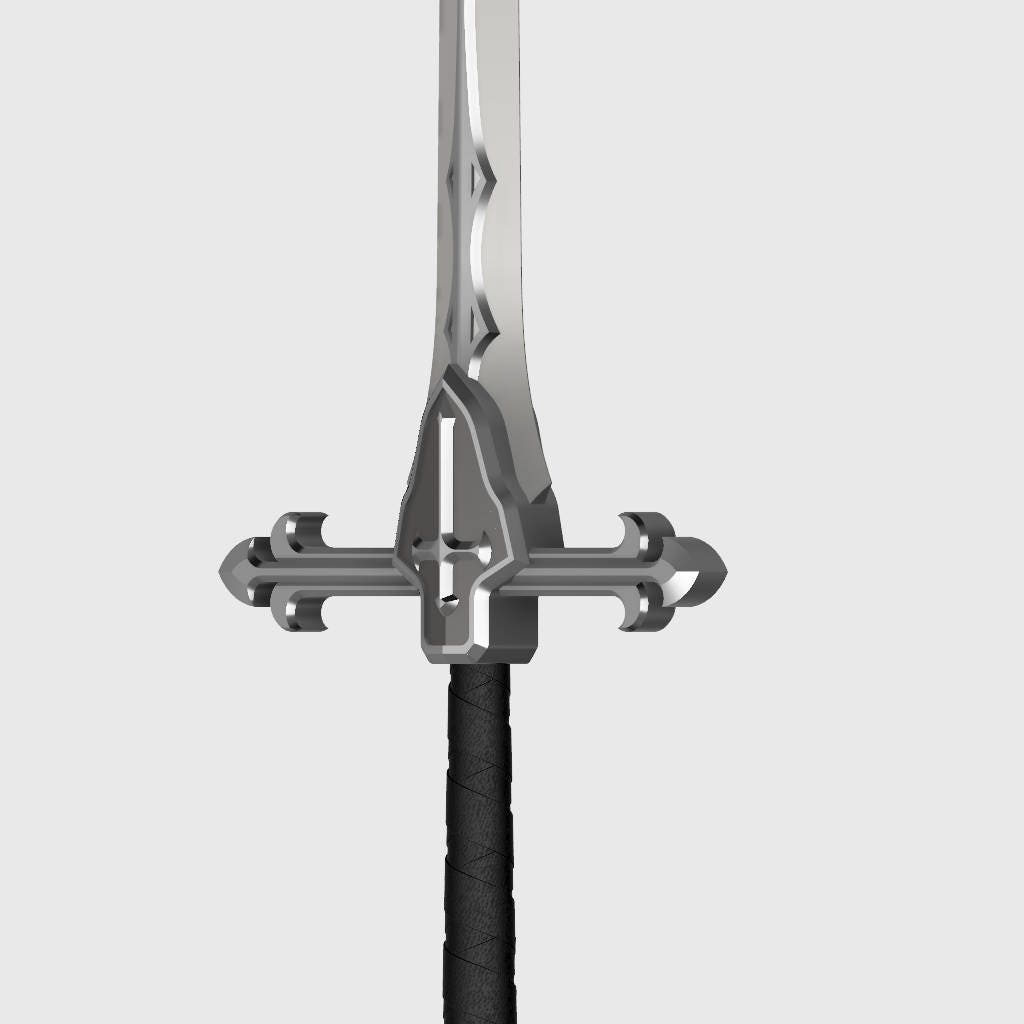 A 3D digital render of a medieval-style sword, showing the silver-colored steel blade, guard, and pommel, along with a black wrapped grip, set against a solid light gray background.