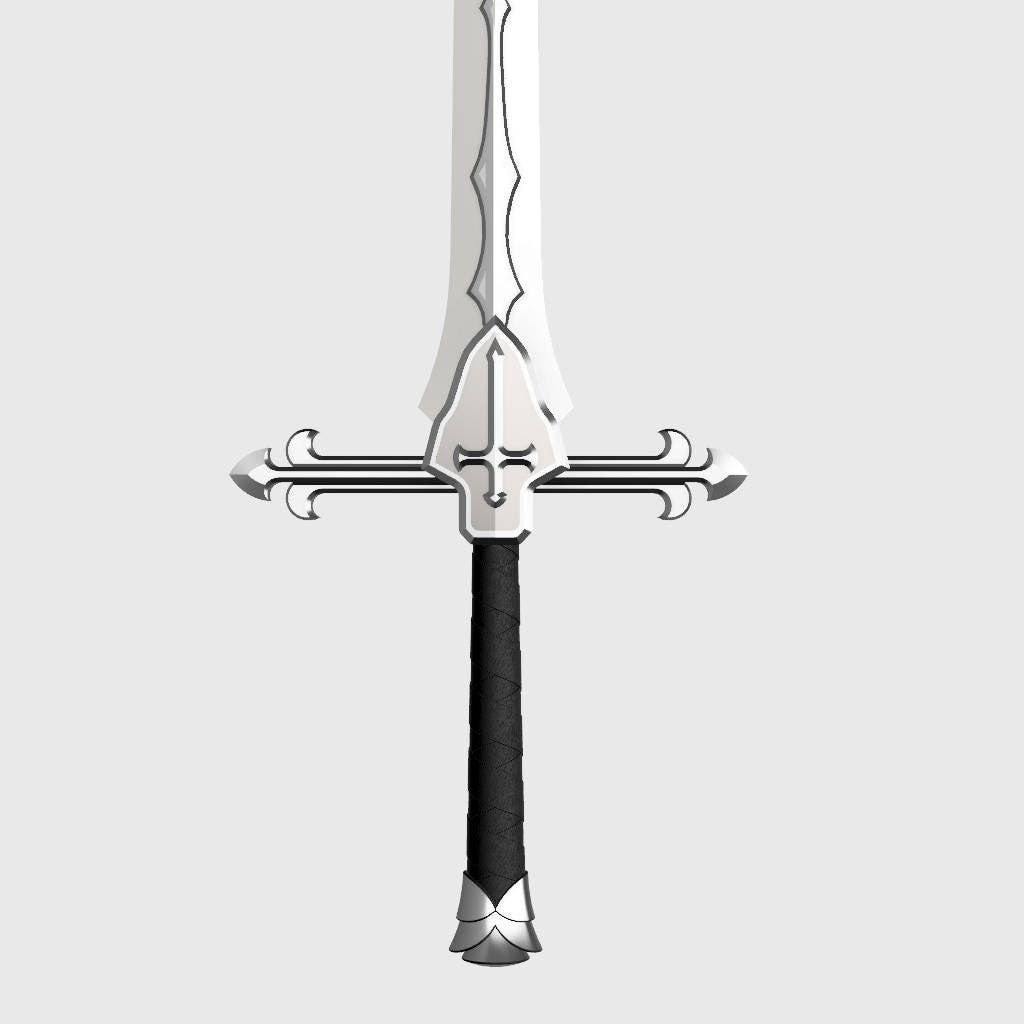 A fantasy sword with a silver blade, ornate crossguard, and black wrapped hilt, centered on a light gray background.