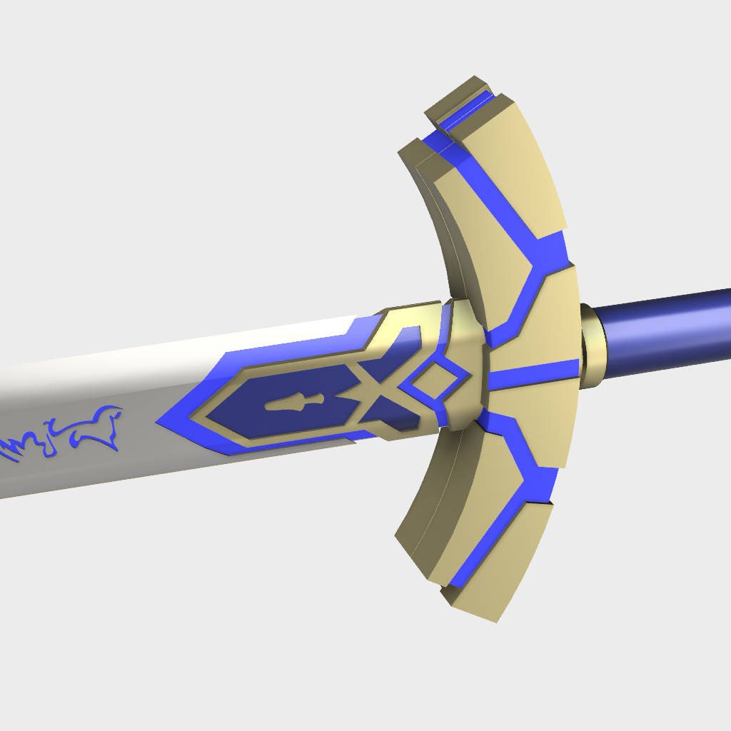 A close-up of a fantasy sword hilt and part of the blade, featuring a white blade with blue graphic markings, a gold and blue crossguard, and a blue grip, shown against a light gray background.