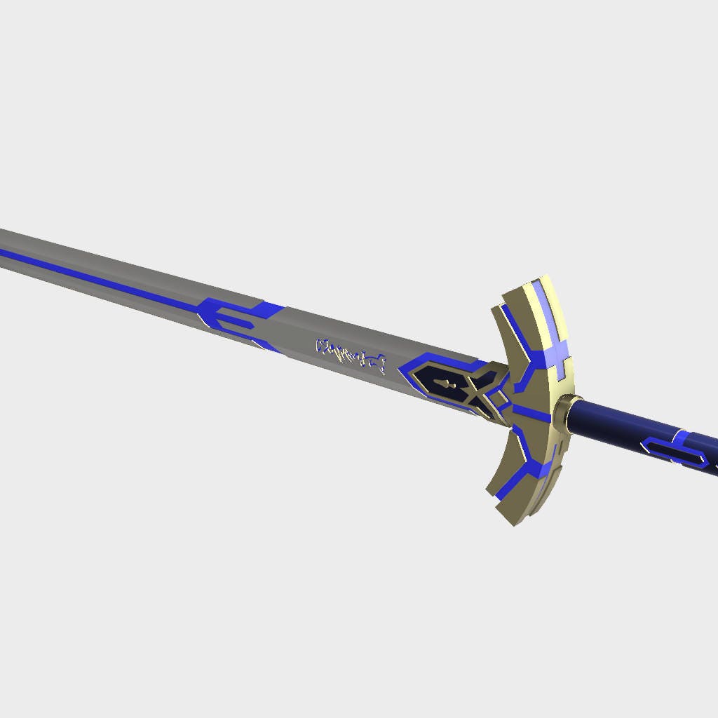 A fantasy sword with a metallic silver-gray blade, blue accents, and a gold hilt, shown diagonally on a light gray background.