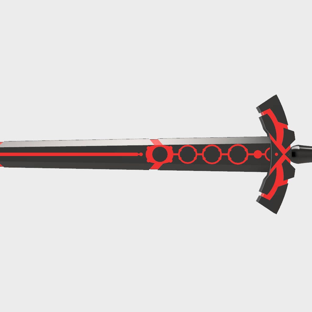 A black and red fantasy sword shown in profile against a light gray background.
