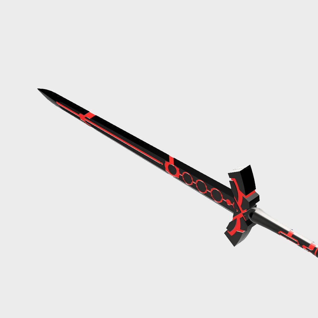 A fantasy sword with a black blade and hilt decorated with red glowing patterns, shown diagonally against a light gray background.