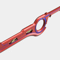 Red mechanical component with blue highlights on a light gray background