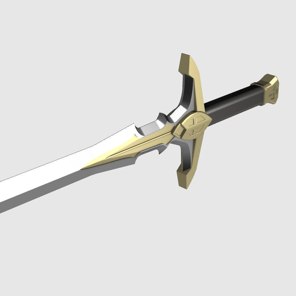 A fantasy-style sword with a silver blade, gold guard and pommel, and a black grip, shown on a light gray background.