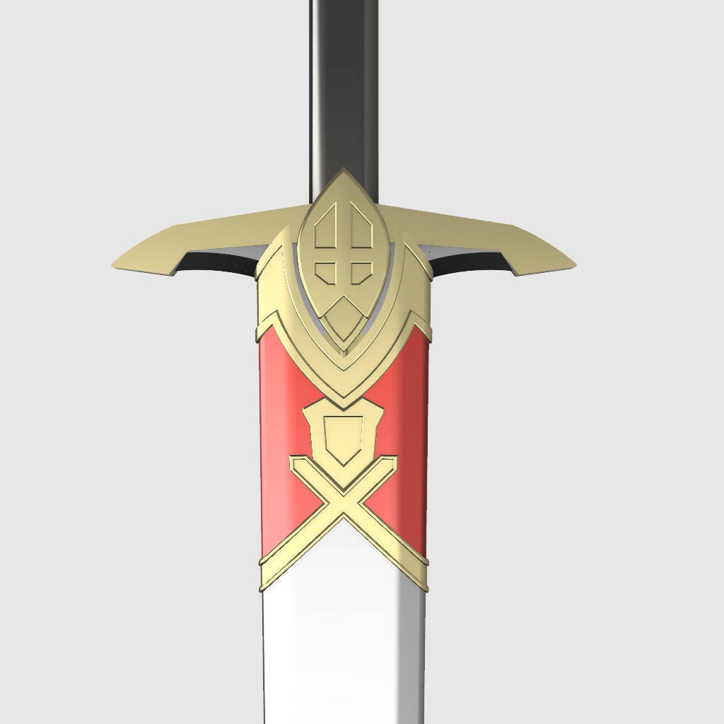 A close-up of a decorative sword hilt and upper blade, featuring a red and gold cross motif with a black grip, set against a light gray background.