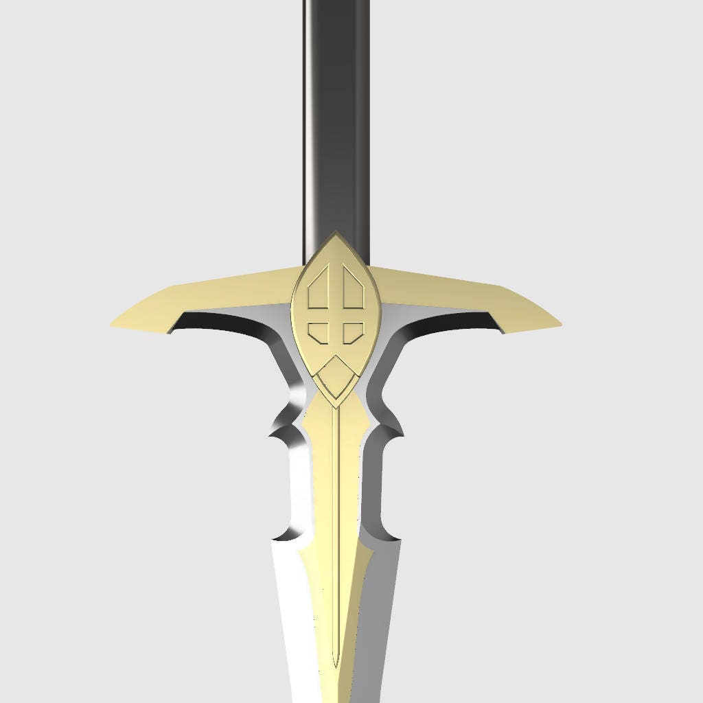 A close-up of a fantasy sword hilt and upper blade, featuring a gold-colored crossguard and central guard ornament with a dark gray blade and silver-gray pommel, set against a light gray background.