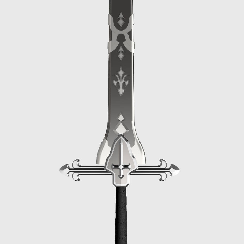 A fantasy-style sword with a dark gray blade featuring silver etched geometric and floral motifs, a silver crossguard, and a black wrapped grip, shown against a solid light gray background.
