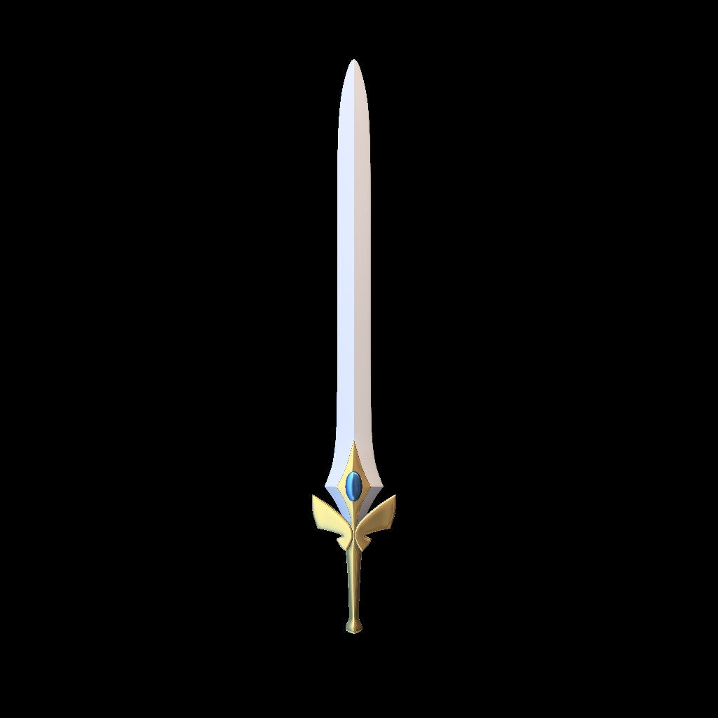 Decorative sword with a gold and blue hilt on a black background