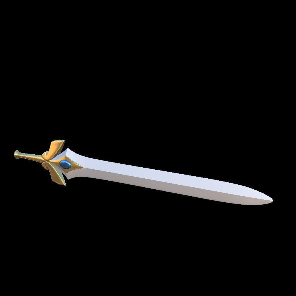 Decorative sword with gold hilt and blue gem on a white background
