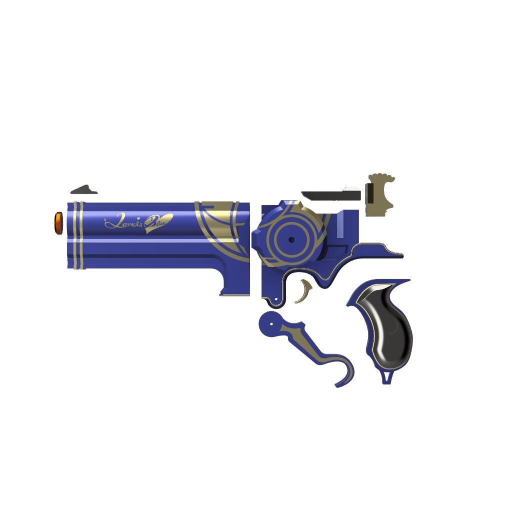 Blue toy revolver with gold accents on a white background