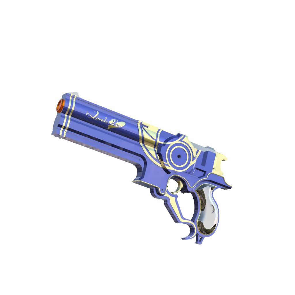 Blue and yellow toy revolver on a white background