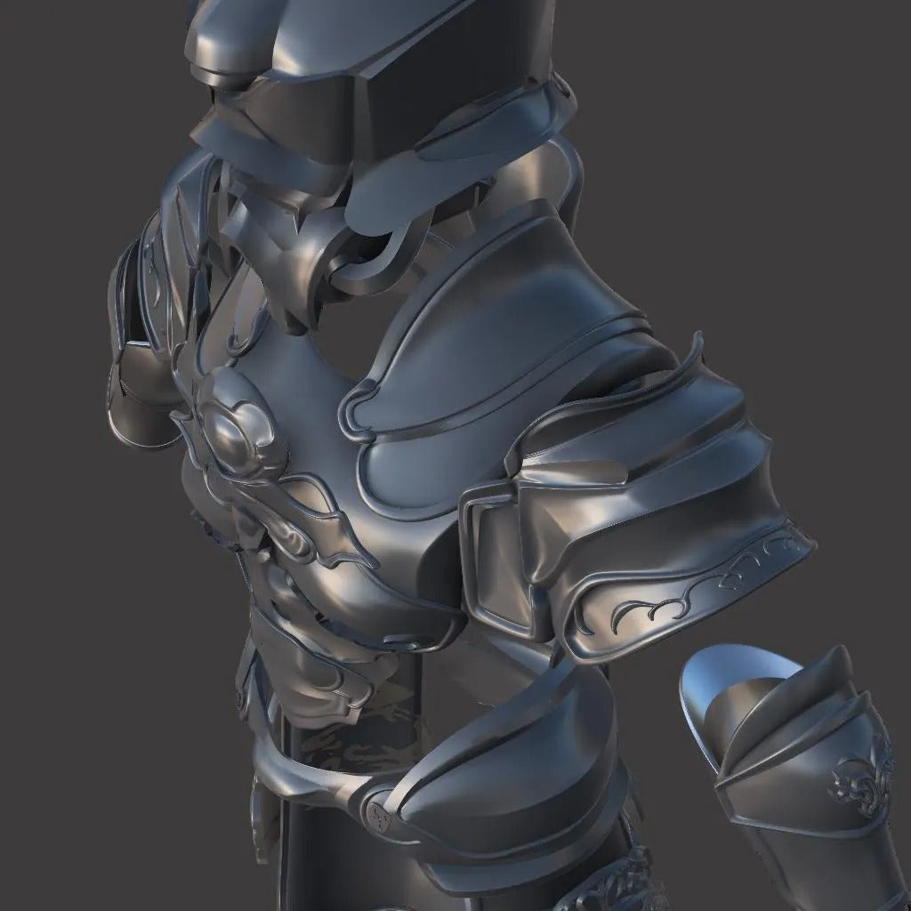 Close-up of a detailed metallic armor suit on a dark background