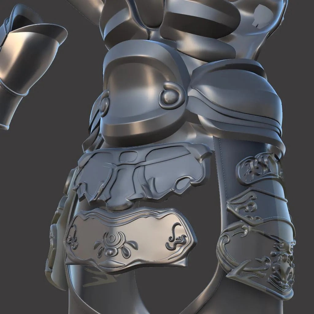 Close-up of ornate silver armor with intricate designs on a dark background