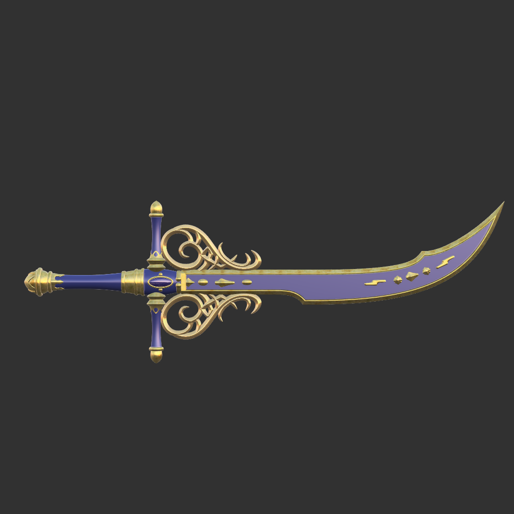 Decorative sword with blue blade and gold handle on a black background
