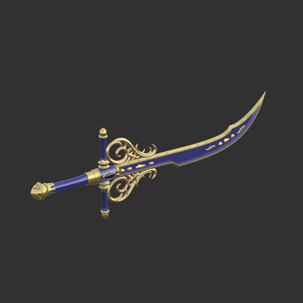 Decorative sword with blue blade and gold handle on a black background