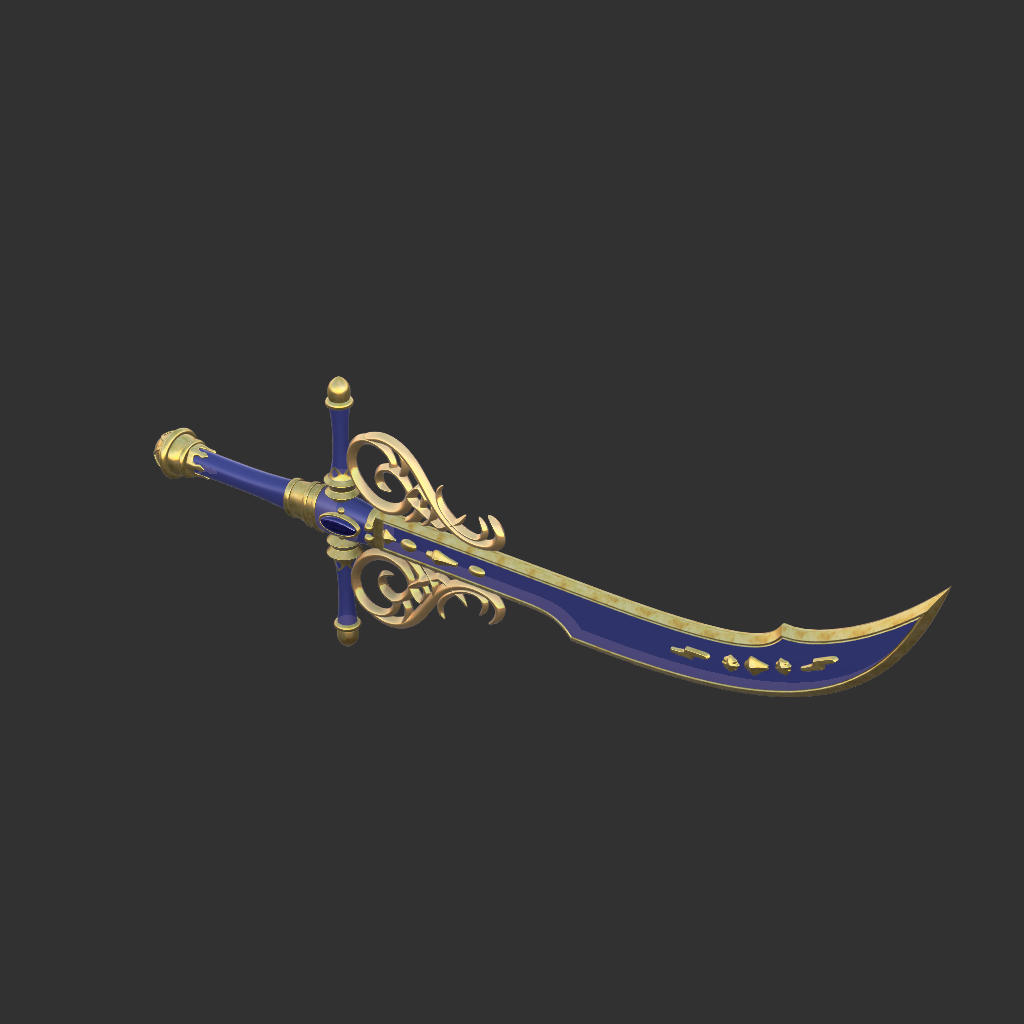 Decorative sword with blue blade and gold handle on a black background