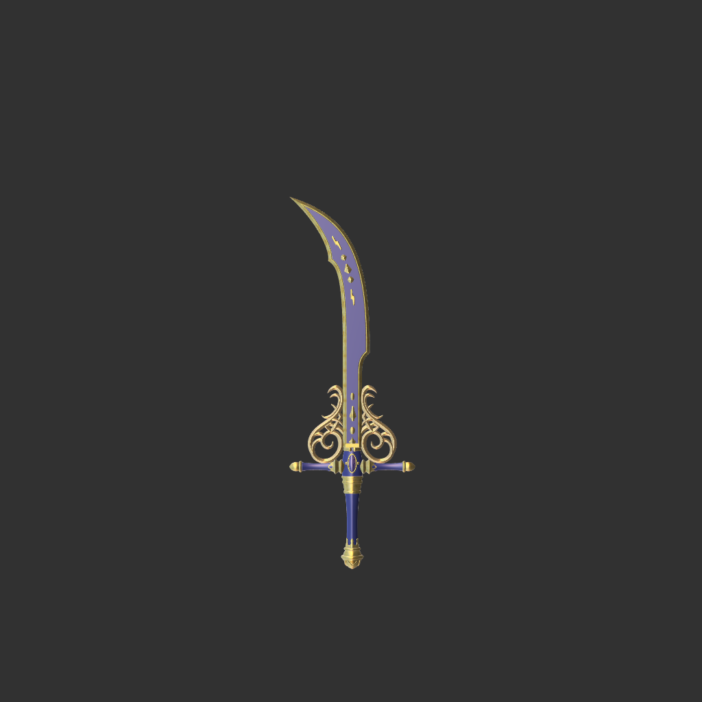 Decorative sword with blue blade and gold handle on a black background