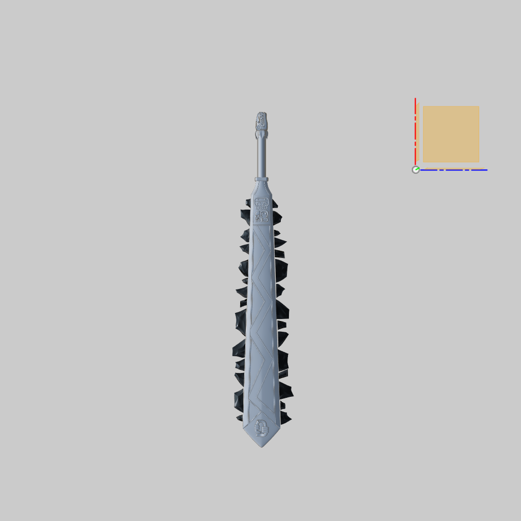 A 3D digital render of a futuristic, feather-like sword or blade accessory, shown vertically against a solid gray background with a small orange and blue coordinate gizmo icon in the upper right.