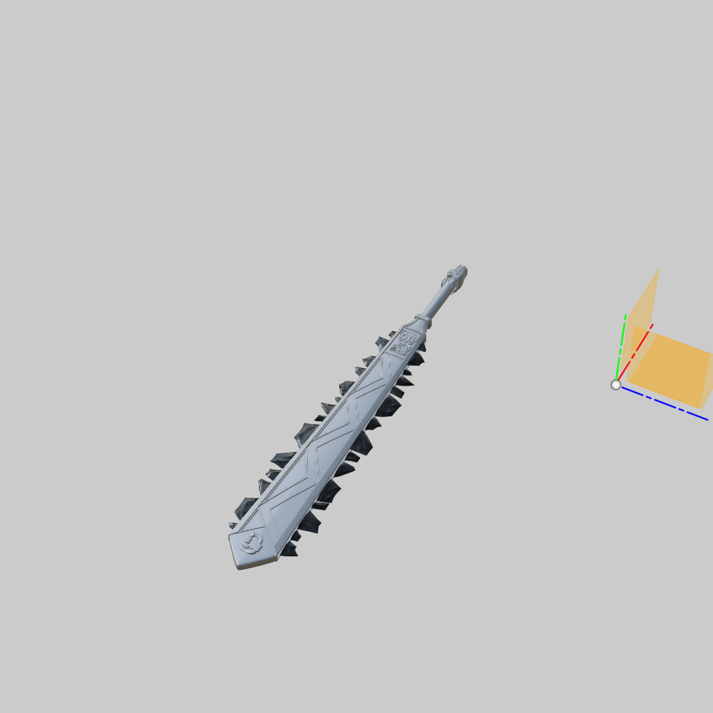 A 3D digital render of a long, ornate gray sword or axe with dark spikes along the edge, shown on a plain light gray background with a small orange and blue coordinate indicator in the upper right.
