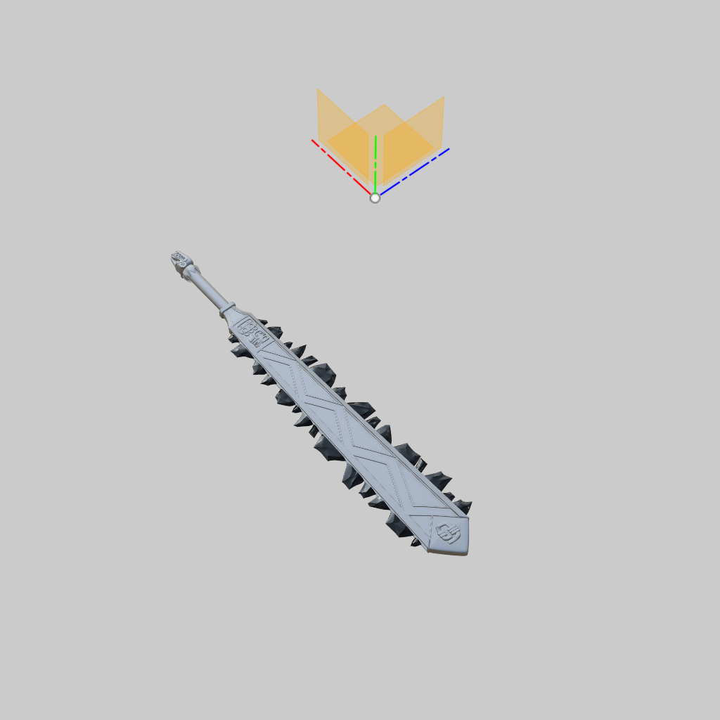 A 3D model rendering of a long, gray fantasy sword with black serrated edges, shown diagonally on a plain gray background with a small orange and multicolor 3D orientation gizmo above it.