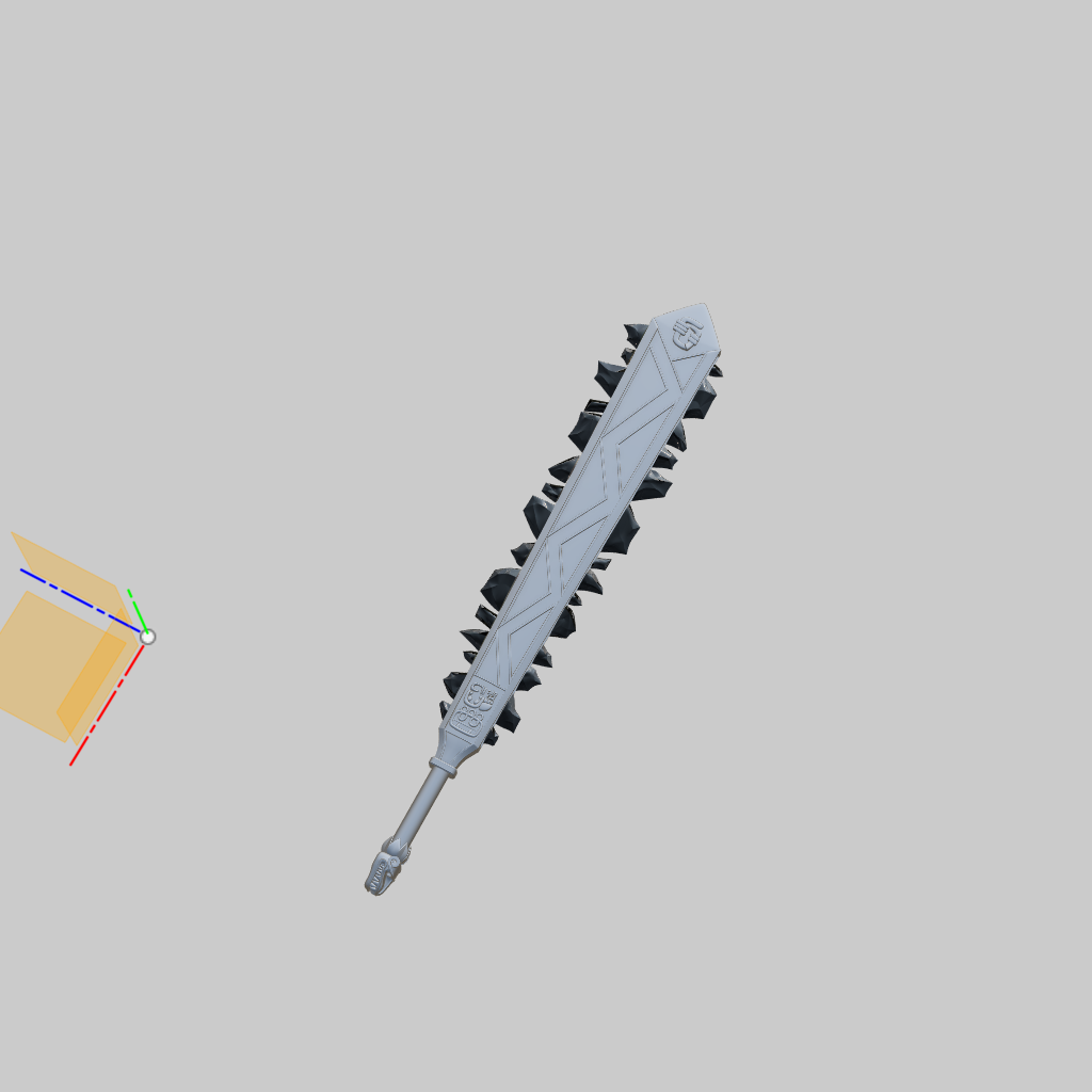 A 3D digital render of a long, chain-like sword or blade accessory with dark spikes along the sides, shown on a plain light gray background.