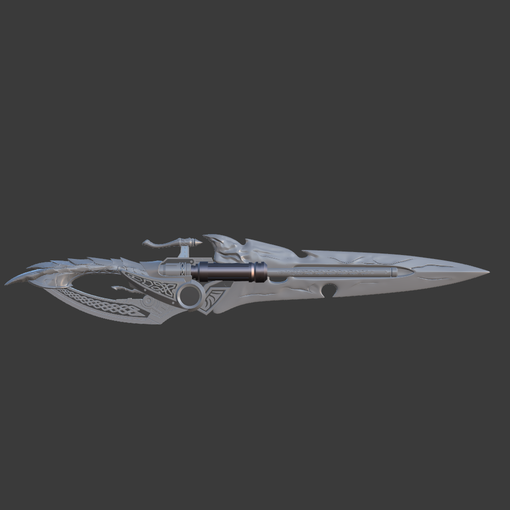 A futuristic silver sci-fi dagger or short sword with ornate dragon-like winged details and a dark metallic central barrel, shown against a solid dark gray background.