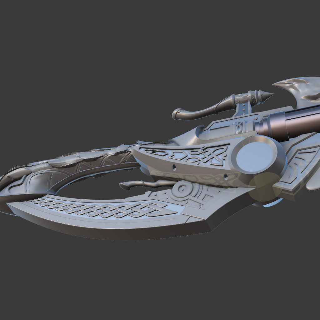 A close-up of a futuristic sci-fi weapon or prop blade with intricate mechanical details, shown in a 3D render on a dark gray background.