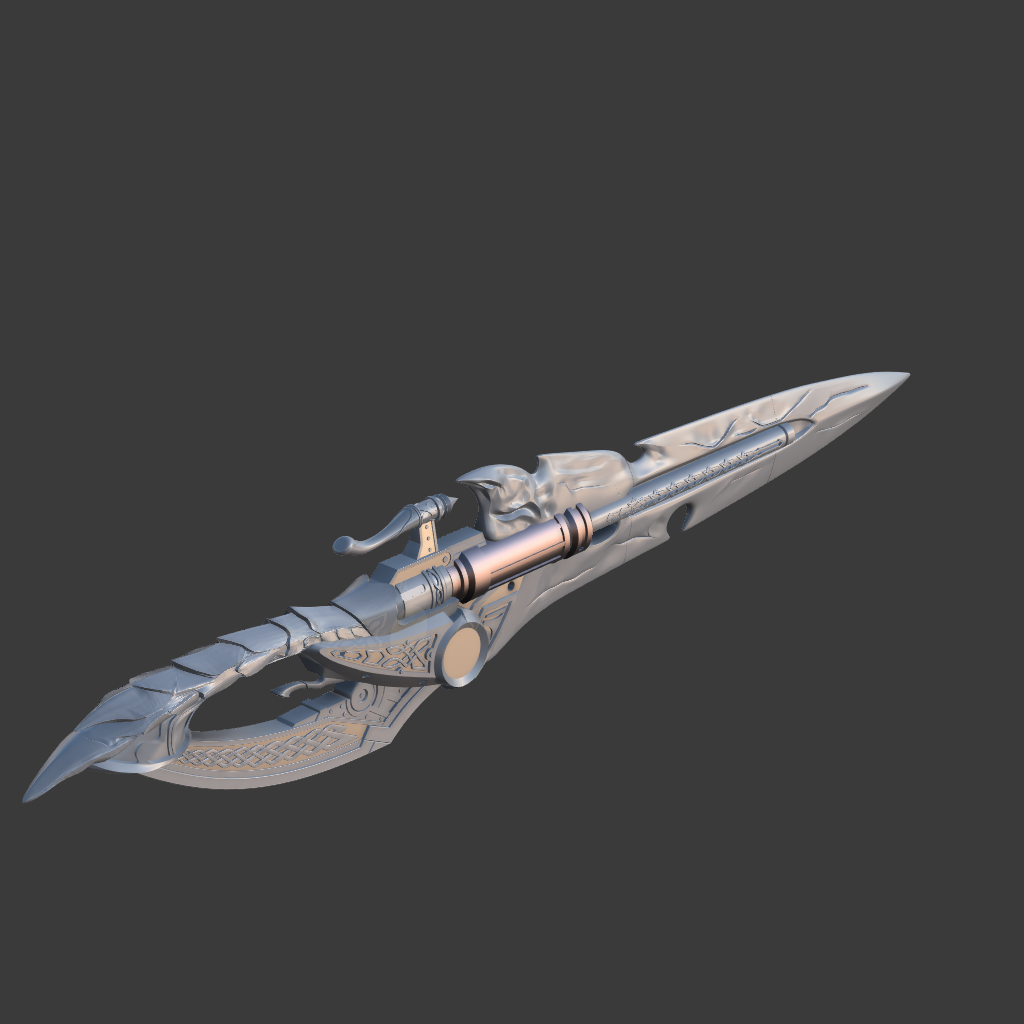 A futuristic silver and gray toy blaster or prop weapon with ornate molded details, shown isolated on a dark gray background.